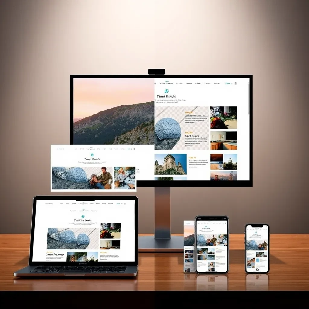 A split-screen image showing the same website layout across four devices: a large desktop monitor, a laptop, a tablet, and a smartphone. Each device should display the website content clearly and attractively, showcasing how the layout adjusts seamlessly for optimal viewing on each device.